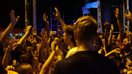 Aaron and the crowd in Albania